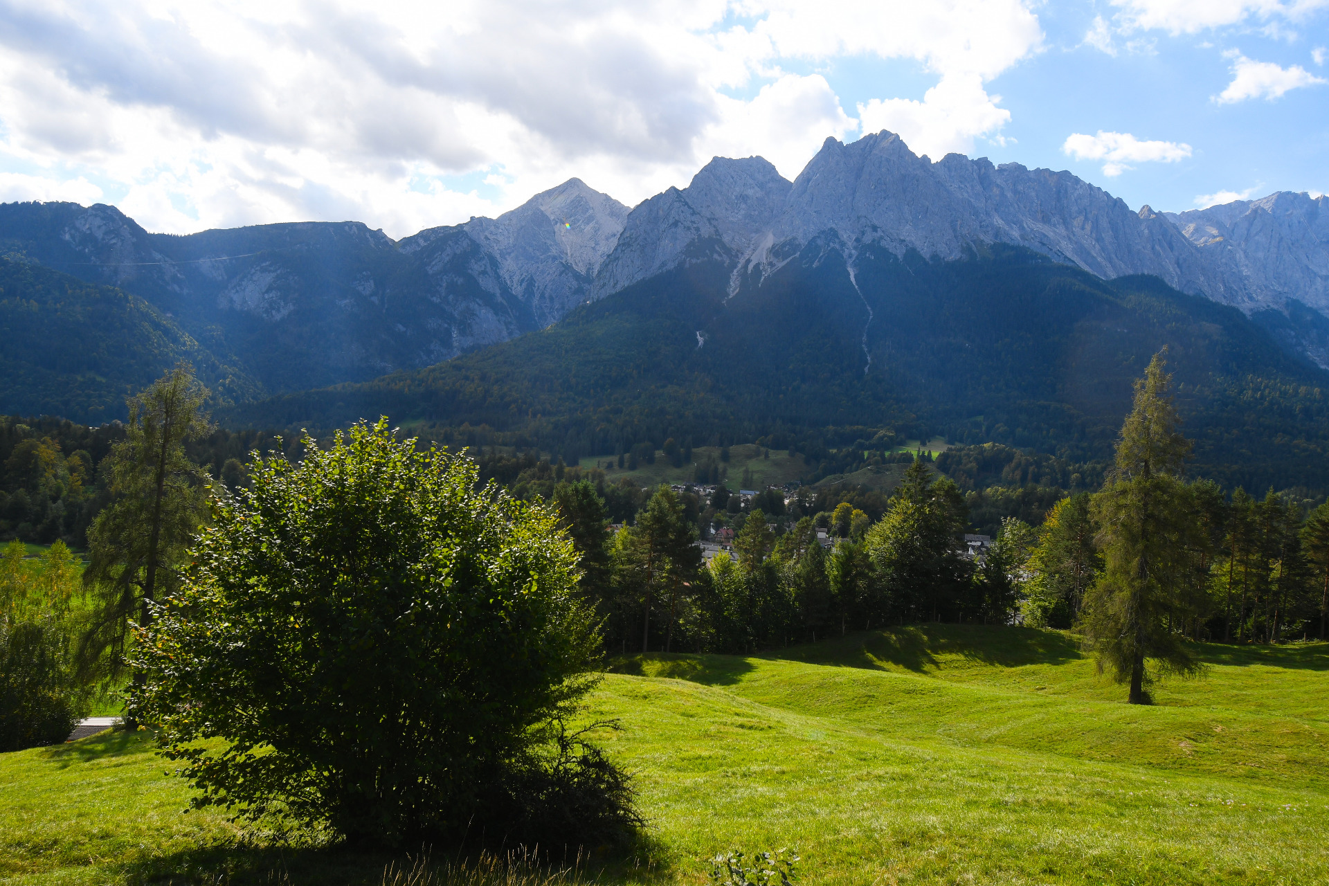 Grüne Wiesen und Bäume im Vordergrund, dahinter hohe Alpenberge unter wolkigem Himmel.